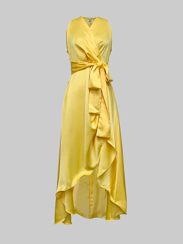 High-Low Loose Ruffle Trim Solid Color Tied Waist V-Neck Maxi Dresses - Image 7