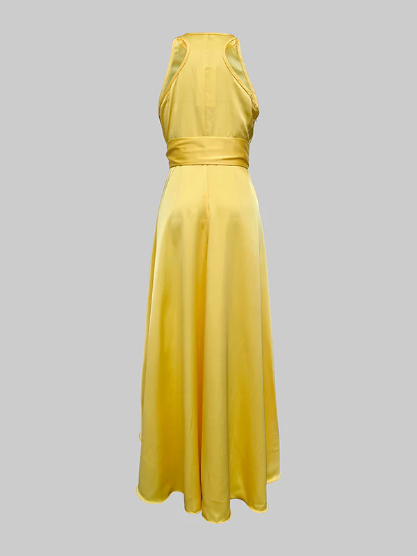 High-Low Loose Ruffle Trim Solid Color Tied Waist V-Neck Maxi Dresses - Image 8