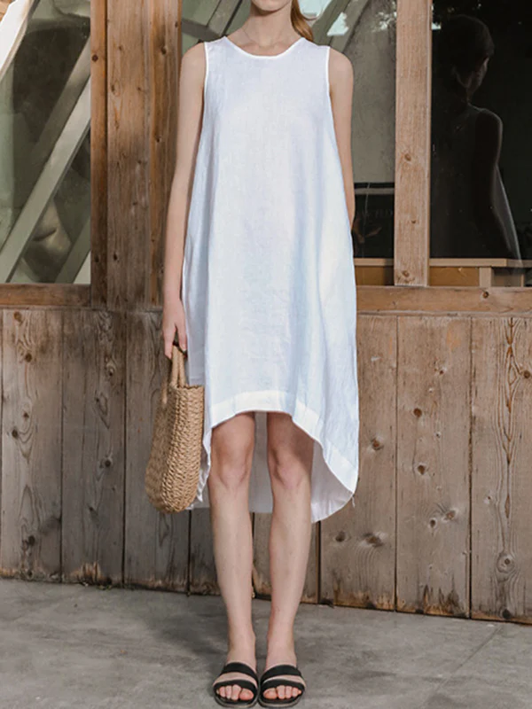 High-Low Loose Solid Color Round-Neck Midi Dresses - Image 2