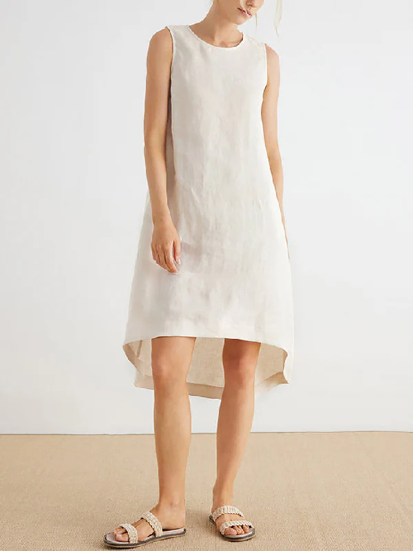 High-Low Loose Solid Color Round-Neck Midi Dresses - Image 3