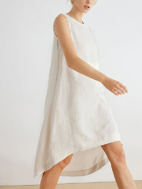 High-Low Loose Solid Color Round-Neck Midi Dresses - Image 4