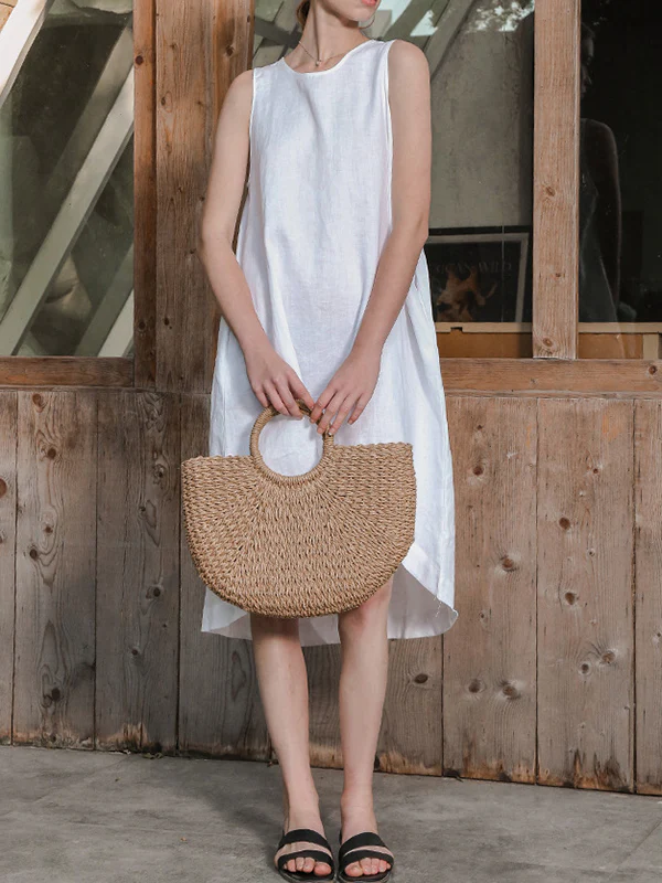 High-Low Loose Solid Color Round-Neck Midi Dresses - Image 7