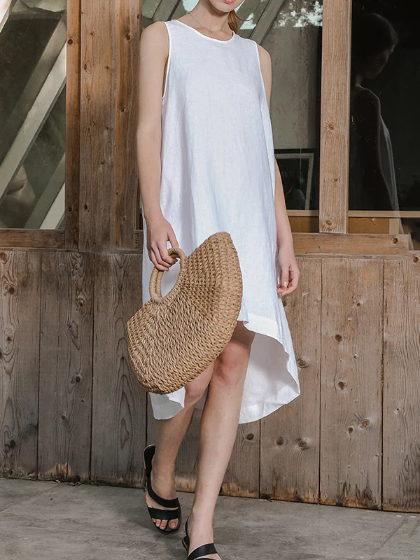 High-Low Loose Solid Color Round-Neck Midi Dresses - Image 8