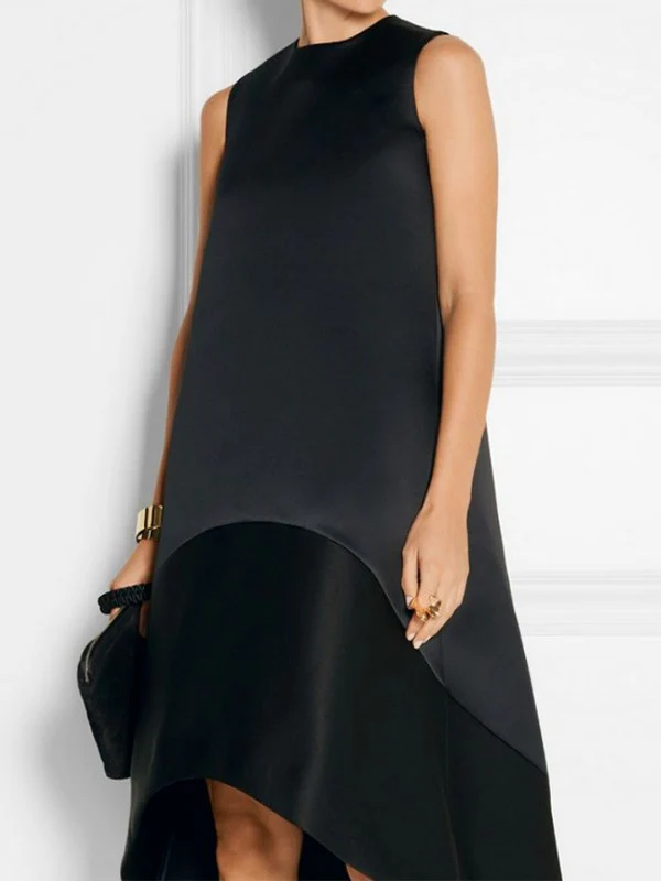 High-Low Loose Solid Color Split-Joint Round-Neck Midi Dresses - Image 2