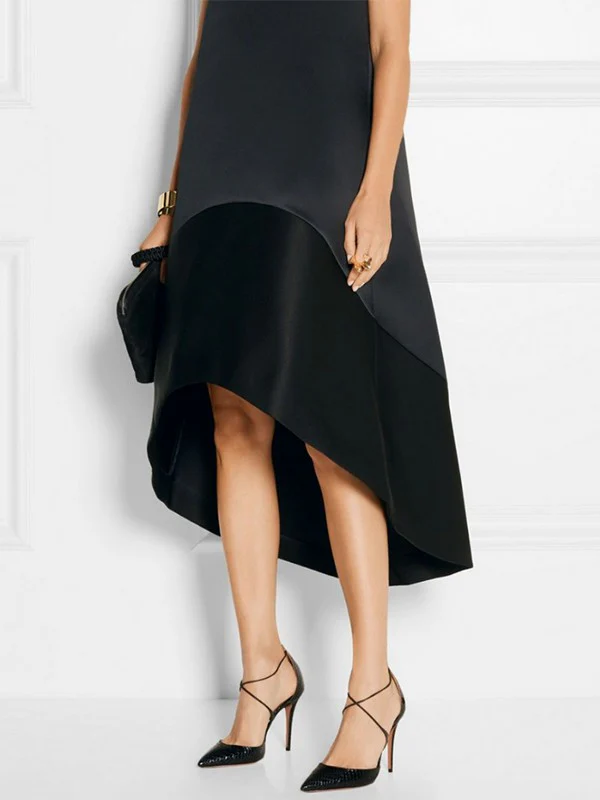 High-Low Loose Solid Color Split-Joint Round-Neck Midi Dresses - Image 3