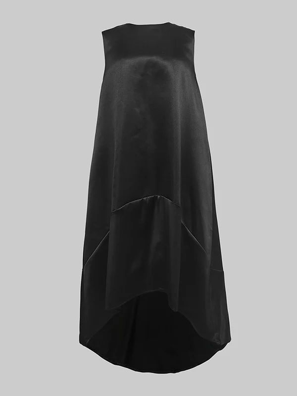 High-Low Loose Solid Color Split-Joint Round-Neck Midi Dresses - Image 4