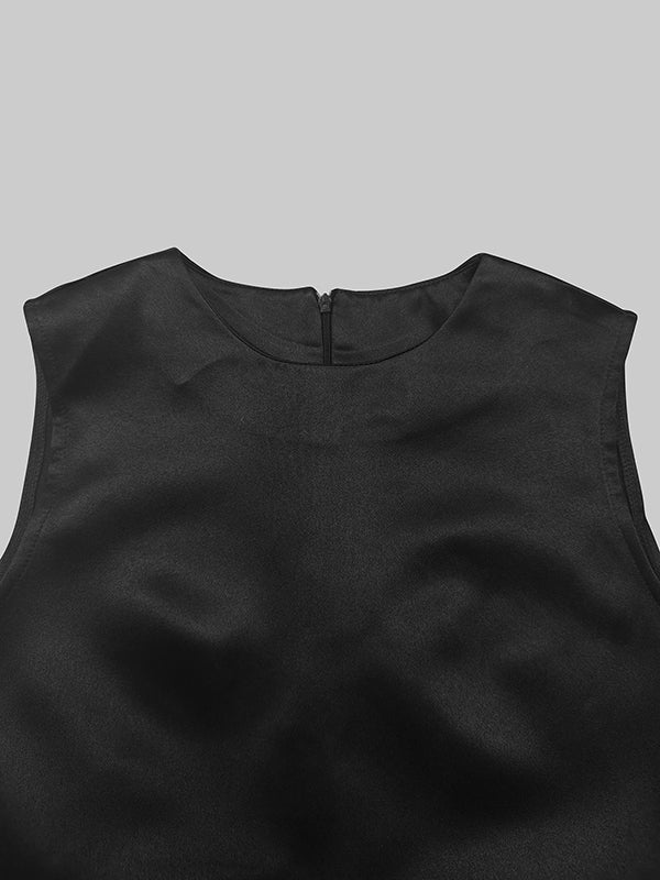 High-Low Loose Solid Color Split-Joint Round-Neck Midi Dresses - Image 7