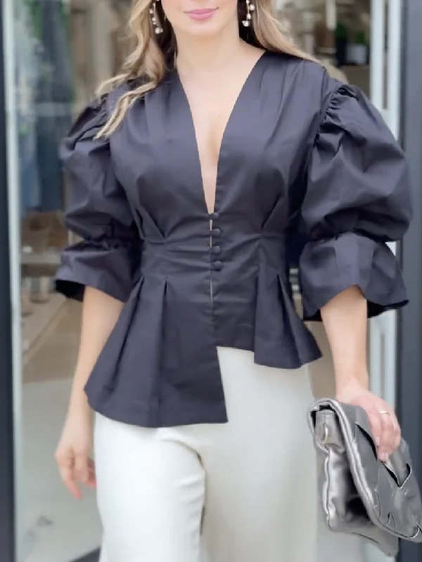 High-Low Puff Sleeves Asymmetric Buttoned Solid Color Deep V-Neck Blouses&Shirts Tops - Image 2