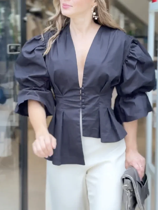 High-Low Puff Sleeves Asymmetric Buttoned Solid Color Deep V-Neck Blouses&Shirts Tops - Image 3
