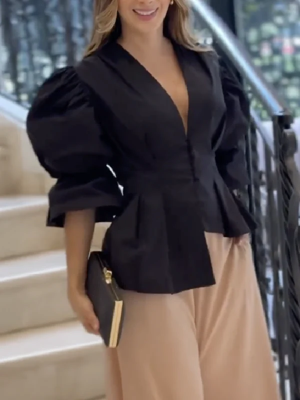High-Low Puff Sleeves Asymmetric Buttoned Solid Color Deep V-Neck Blouses&Shirts Tops - Image 5