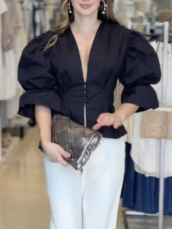 High-Low Puff Sleeves Asymmetric Buttoned Solid Color Deep V-Neck Blouses&Shirts Tops - Image 6
