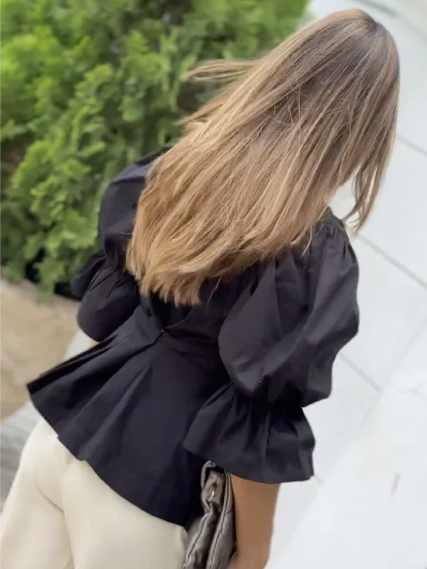 High-Low Puff Sleeves Asymmetric Buttoned Solid Color Deep V-Neck Blouses&Shirts Tops - Image 7