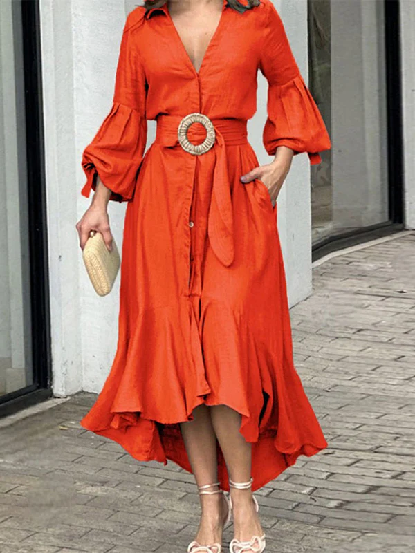 High-Low Puff Sleeves Pleated Solid Color Lapel Collar Maxi Dresses - Image 3