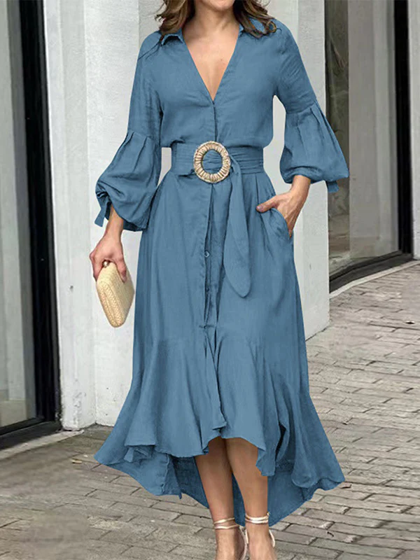 High-Low Puff Sleeves Pleated Solid Color Lapel Collar Maxi Dresses - Image 4