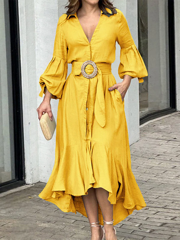 High-Low Puff Sleeves Pleated Solid Color Lapel Collar Maxi Dresses - Image 5