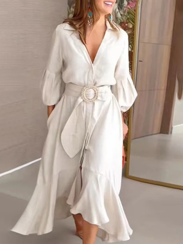 High-Low Puff Sleeves Pleated Solid Color Lapel Collar Maxi Dresses - Image 6