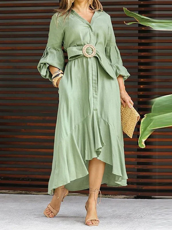 High-Low Puff Sleeves Pleated Solid Color Lapel Collar Maxi Dresses - Image 7