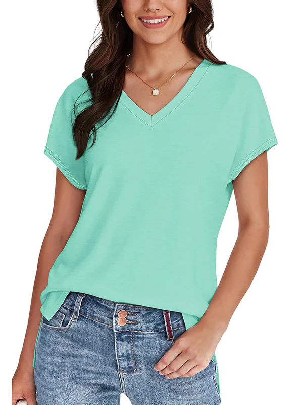 High-Low Raglan Sleeve Solid Color Split-Joint Split-Side V-Neck T-Shirts - Image 10