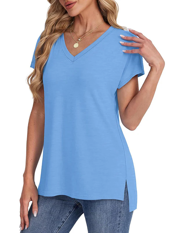 High-Low Raglan Sleeve Solid Color Split-Joint Split-Side V-Neck T-Shirts - Image 2