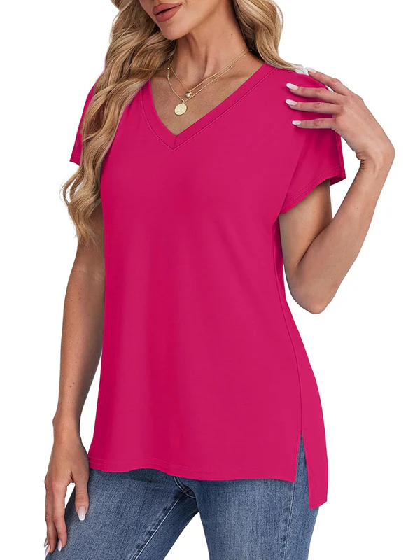 High-Low Raglan Sleeve Solid Color Split-Joint Split-Side V-Neck T-Shirts - Image 3