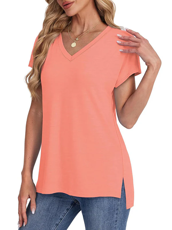 High-Low Raglan Sleeve Solid Color Split-Joint Split-Side V-Neck T-Shirts - Image 4