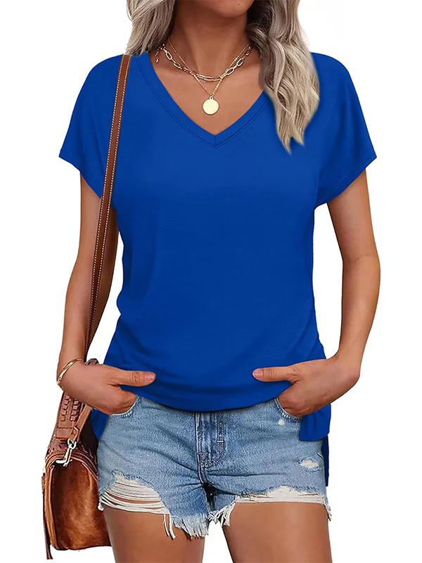 High-Low Raglan Sleeve Solid Color Split-Joint Split-Side V-Neck T-Shirts - Image 6