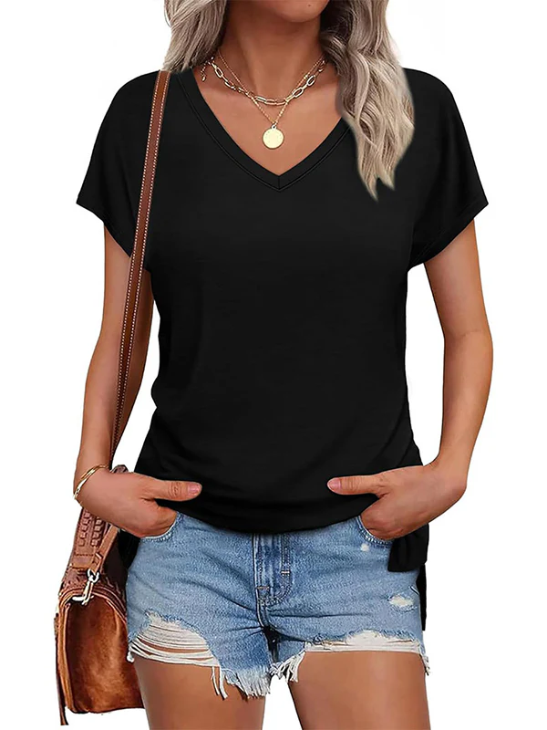 High-Low Raglan Sleeve Solid Color Split-Joint Split-Side V-Neck T-Shirts - Image 8
