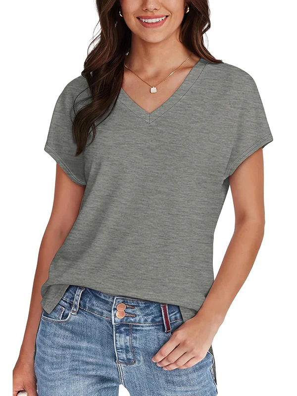 High-Low Raglan Sleeve Solid Color Split-Joint Split-Side V-Neck T-Shirts - Image 9