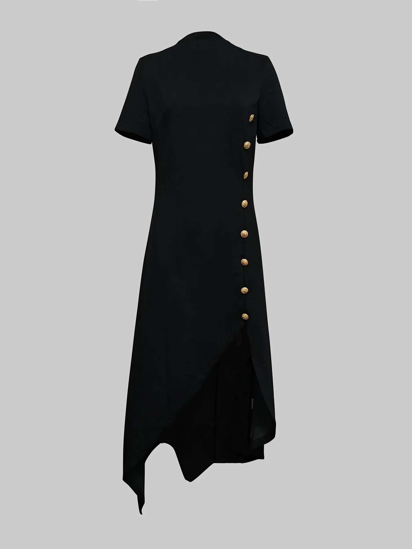 High-low Short Sleeves Buttoned Solid Color Round-neck Maxi Dresses - Image 4