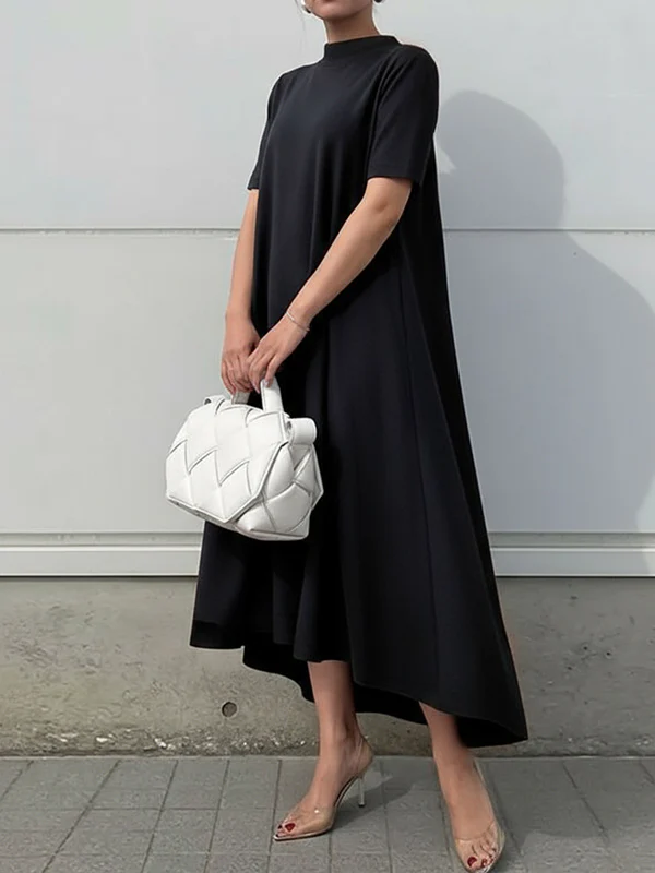 High-Low Short Sleeves Solid Color Maxi Dresses - Image 5