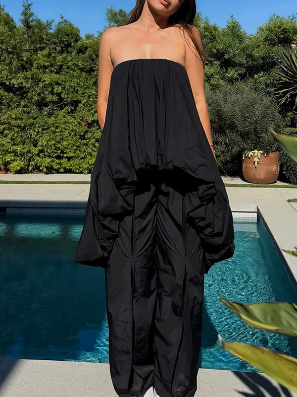 High-Low Sleeveless Elasticity Pleated Solid Color Split-Joint Tube Blouses&Shirts Tops - Image 3