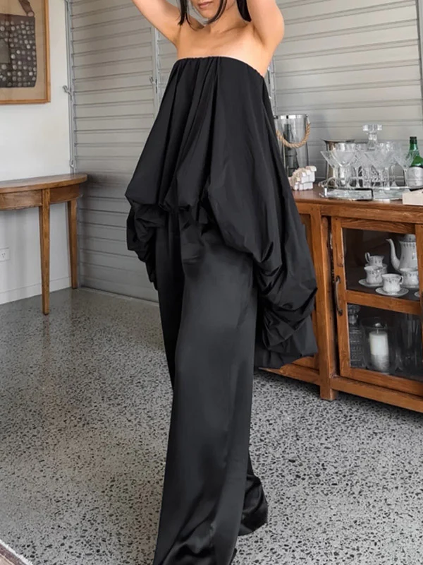 High-Low Sleeveless Elasticity Pleated Solid Color Split-Joint Tube Blouses&Shirts Tops - Image 5