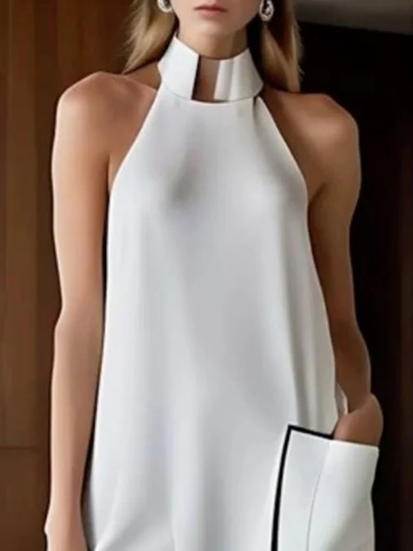 High-Low Sleeveless Pockets Solid Color Split-Joint High Neck Midi Dresses - Image 2
