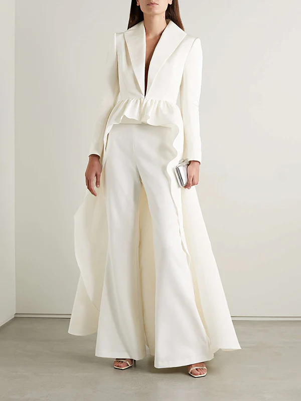 High-Low Wrap Falbala Solid Color V-Neck Shirts Tops&Pants Two Pieces Set