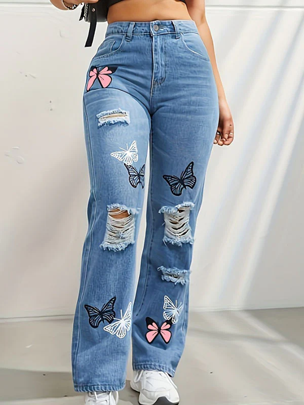 High Waisted Butterfly Print Fringed Ripped Split-Joint Jean Pants Bottoms - Image 2