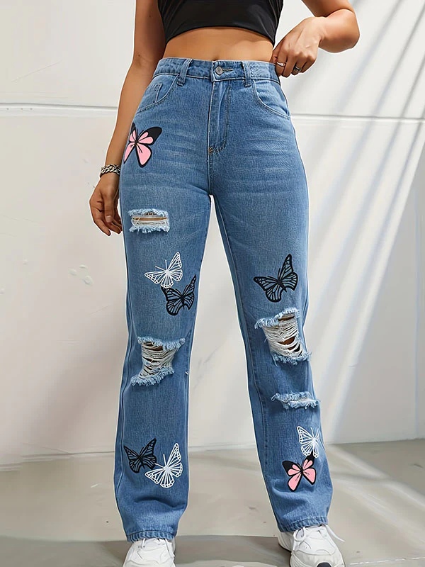 High Waisted Butterfly Print Fringed Ripped Split-Joint Jean Pants Bottoms - Image 3