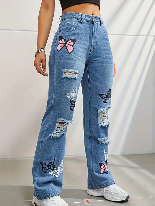 High Waisted Butterfly Print Fringed Ripped Split-Joint Jean Pants Bottoms - Image 4