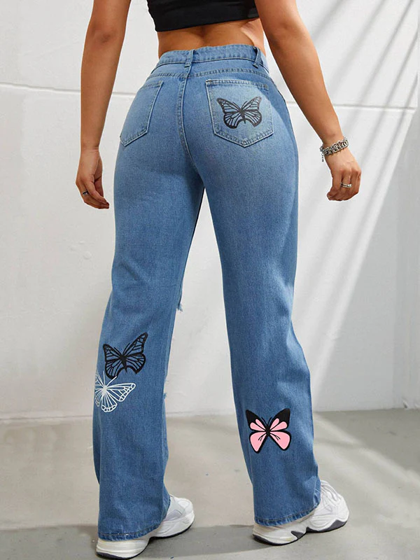 High Waisted Butterfly Print Fringed Ripped Split-Joint Jean Pants Bottoms - Image 5