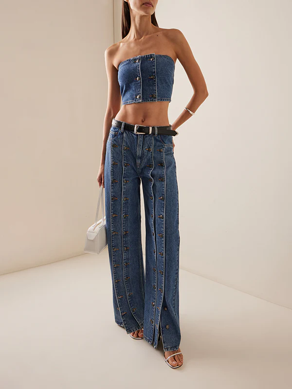 High Waisted Buttoned No Belt Split-Joint Jean Pants Bottoms - Image 2