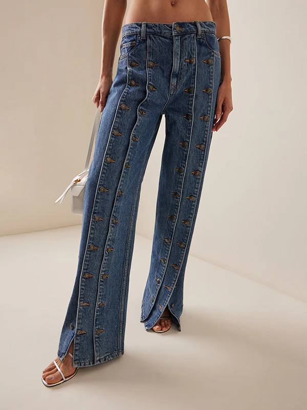 High Waisted Buttoned No Belt Split-Joint Jean Pants Bottoms - Image 3