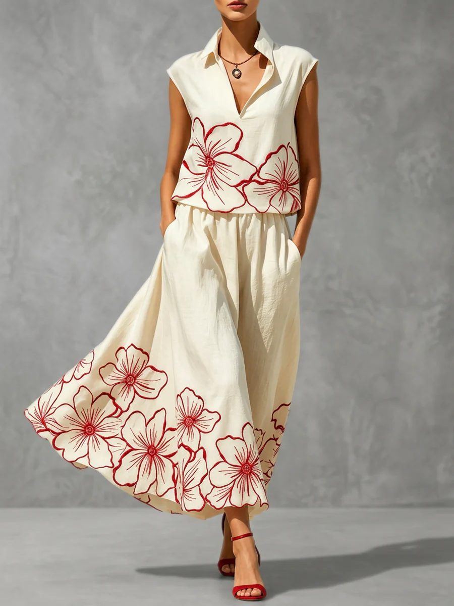 High Waisted Contrast Color Floral Printed Pleated Pockets Skirts Bottoms - Image 2