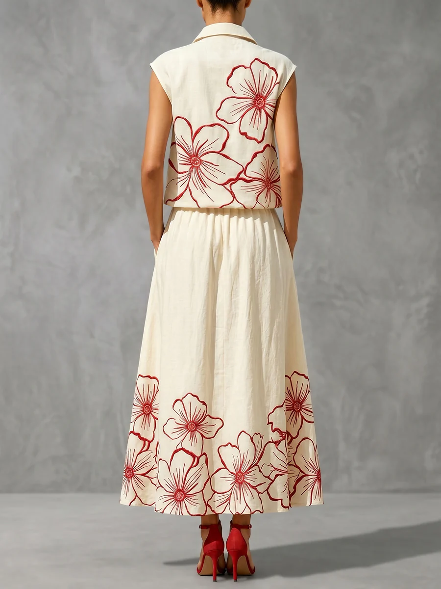 High Waisted Contrast Color Floral Printed Pleated Pockets Skirts Bottoms - Image 4