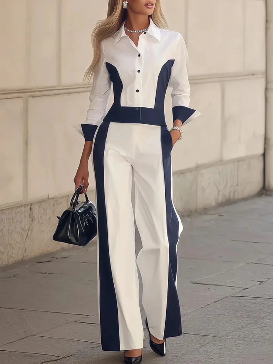 High Waisted Contrast Color Pockets Split-Joint Pants Trousers - Image 2
