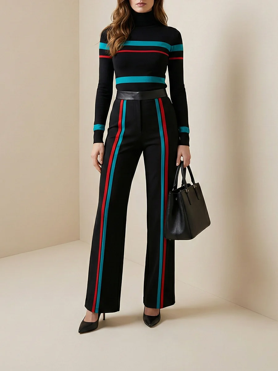 High Waisted Contrast Color Striped Pants Trousers - Image 2