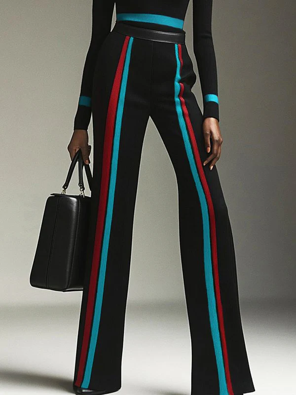 High Waisted Contrast Color Striped Pants Trousers - Image 3