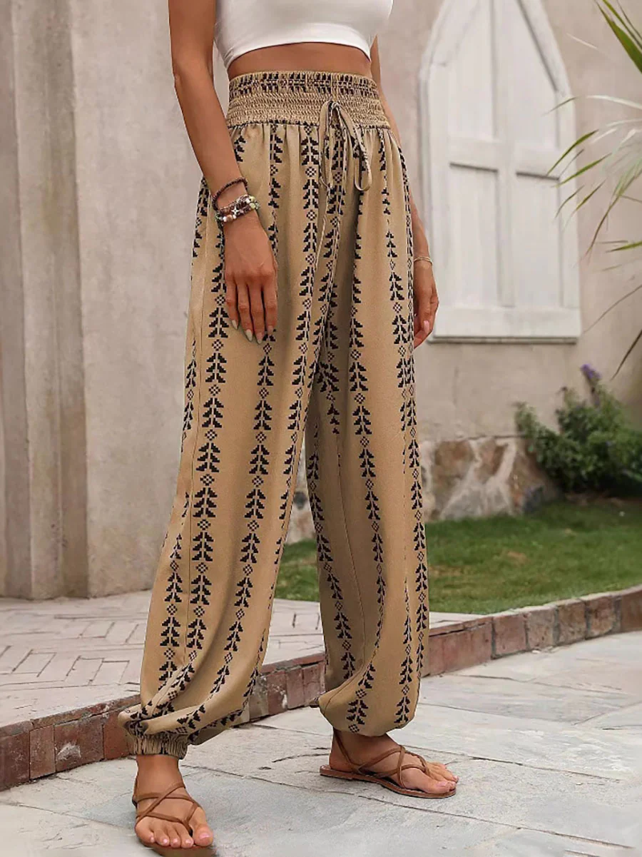 High Waisted Drawstring Pockets Printed Tied Pants Trousers - Image 10