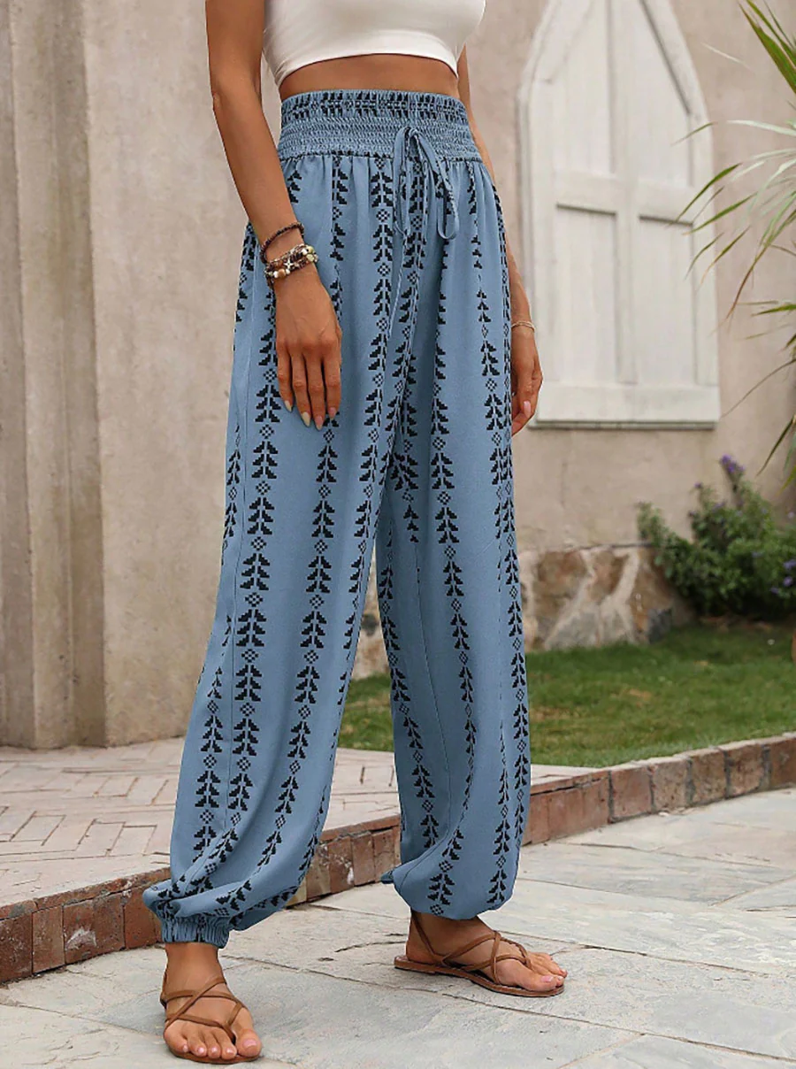 High Waisted Drawstring Pockets Printed Tied Pants Trousers - Image 11