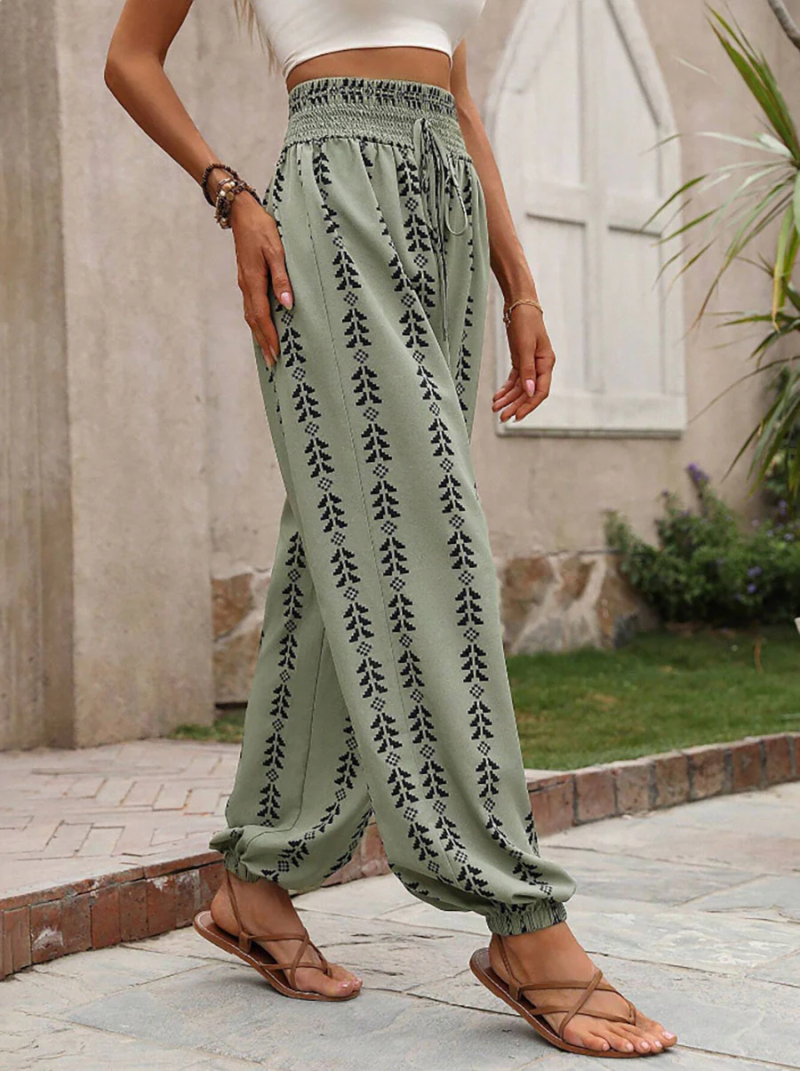 High Waisted Drawstring Pockets Printed Tied Pants Trousers - Image 14
