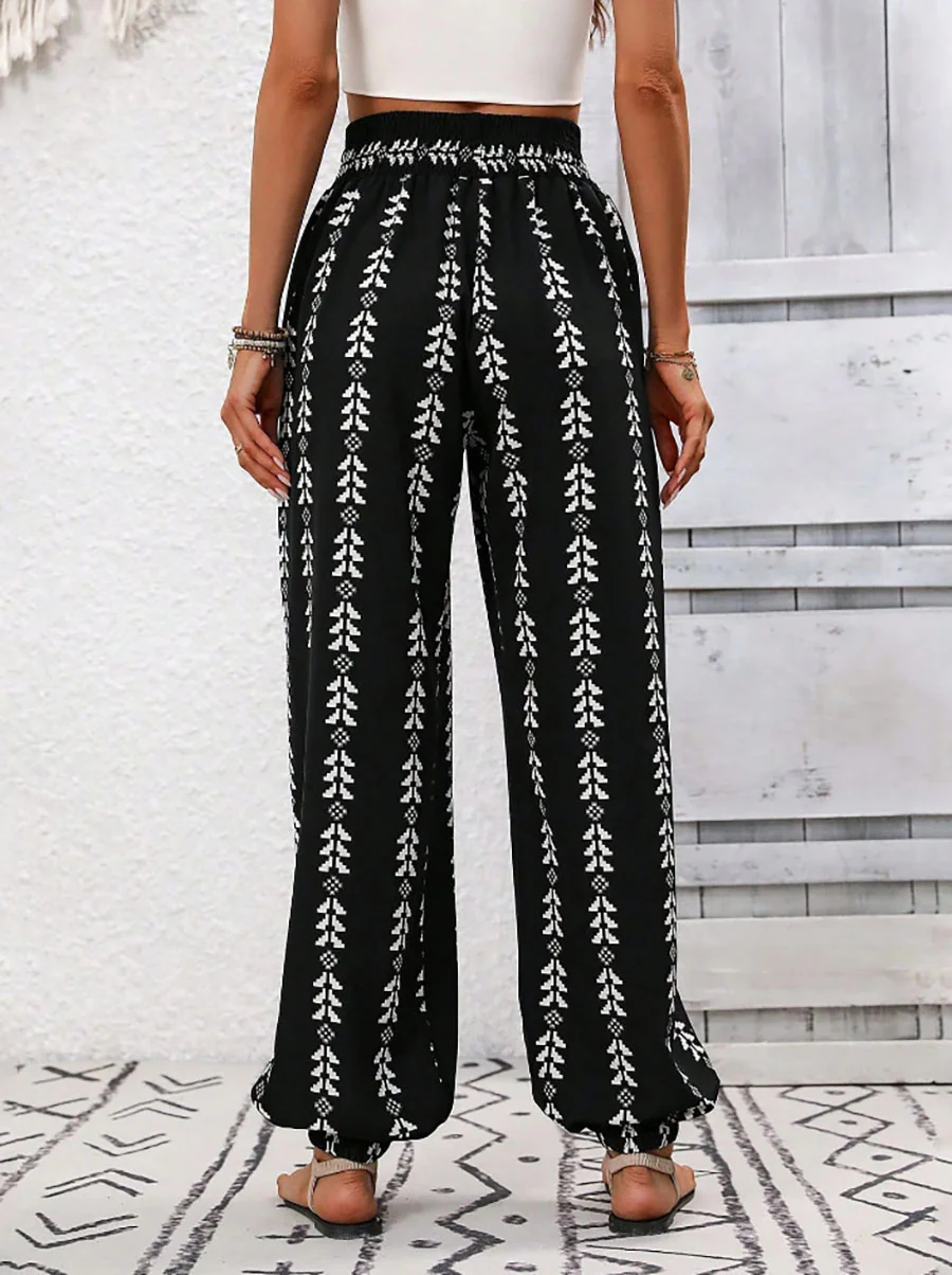 High Waisted Drawstring Pockets Printed Tied Pants Trousers - Image 17
