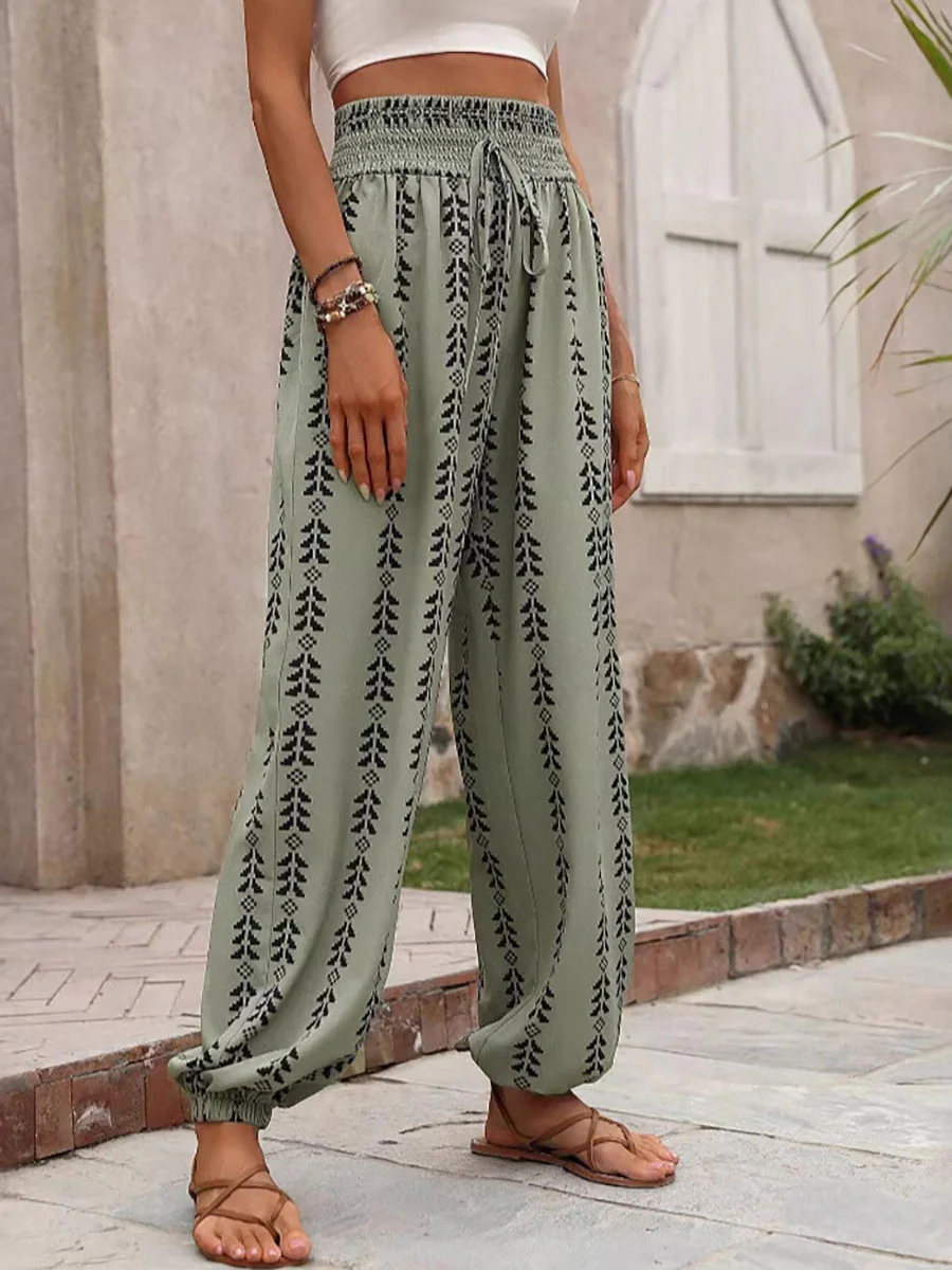 High Waisted Drawstring Pockets Printed Tied Pants Trousers - Image 7